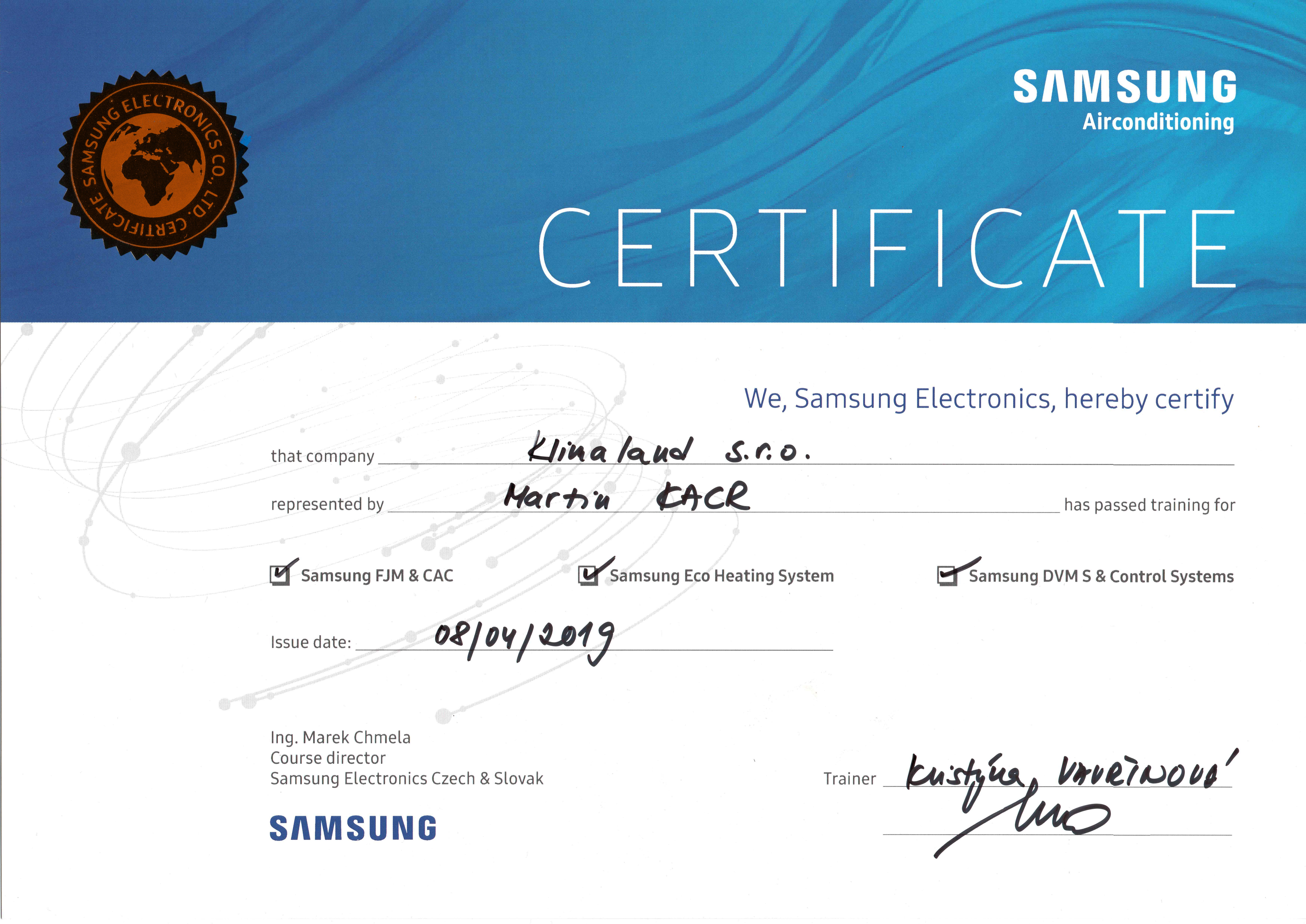 Certifikat Samsung klimatizace